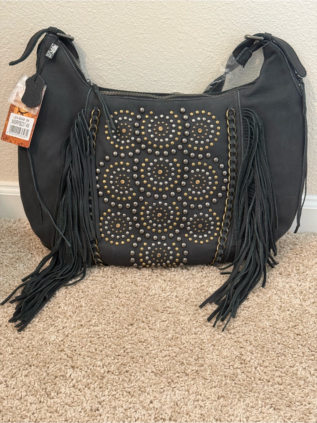 Black Stud & Fringe Hobo Shoulder Bag